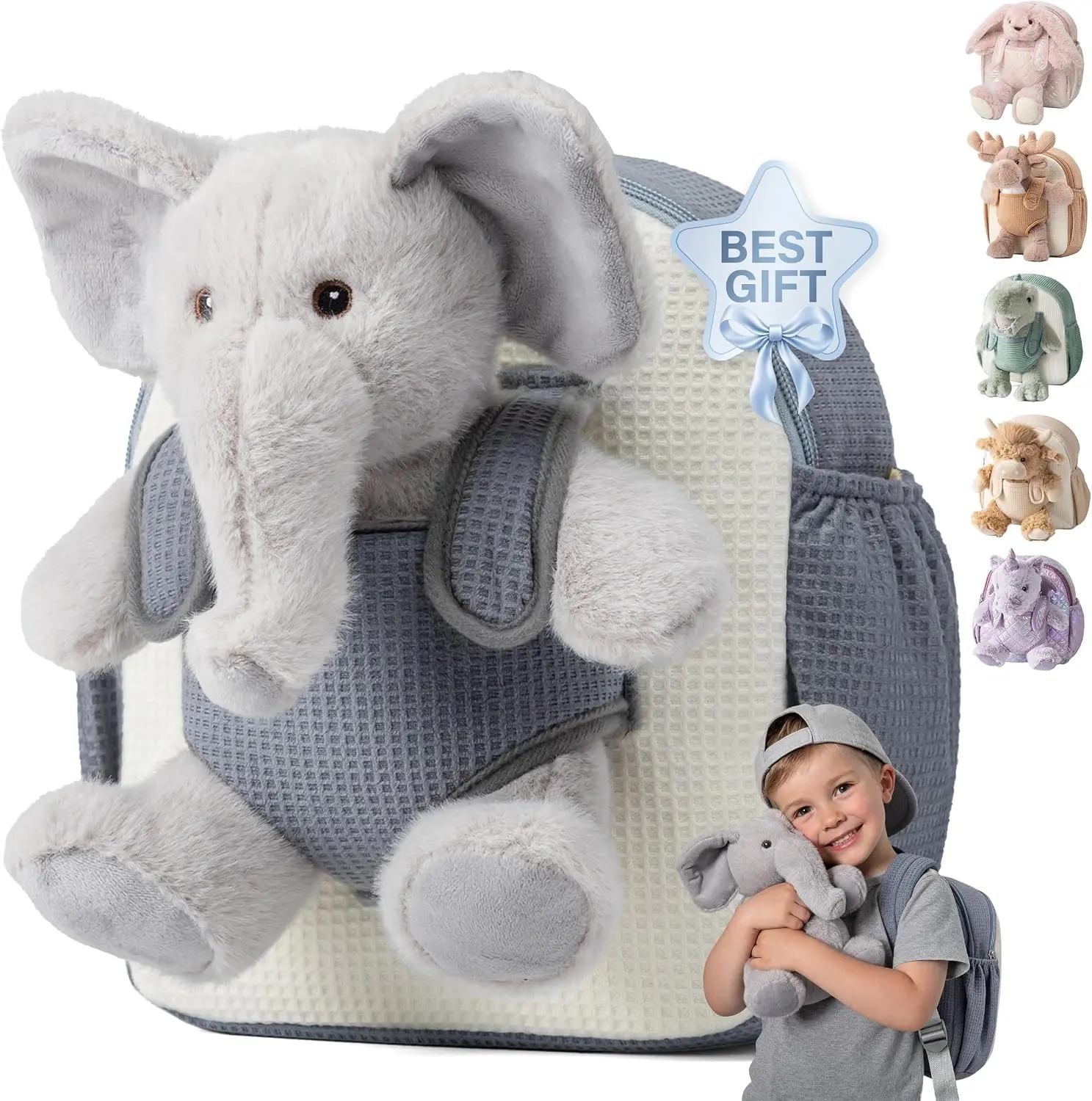 Moonkie Hug & Go™ Elephant Toddler Backpack – Soft Plush Bag with Take-Along Toy for Boys Aged 2–4 | Ideal for Daycare, Travel & Birthday Gifts Gift