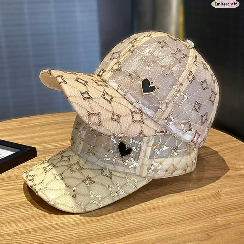 Women's Mesh Hat with Sequin Love Design, Korean Style Sun Protection, Fashion Accessories for Women, Hats For Women