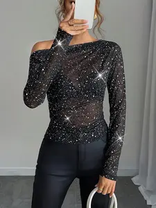 Women's Glitter Sequin Backless Crop Tee, Fashion Casual Long Sleeve Sheer Fabric Top for Nightclub Music Festival, Ladies Summer Clothes, Womenswear