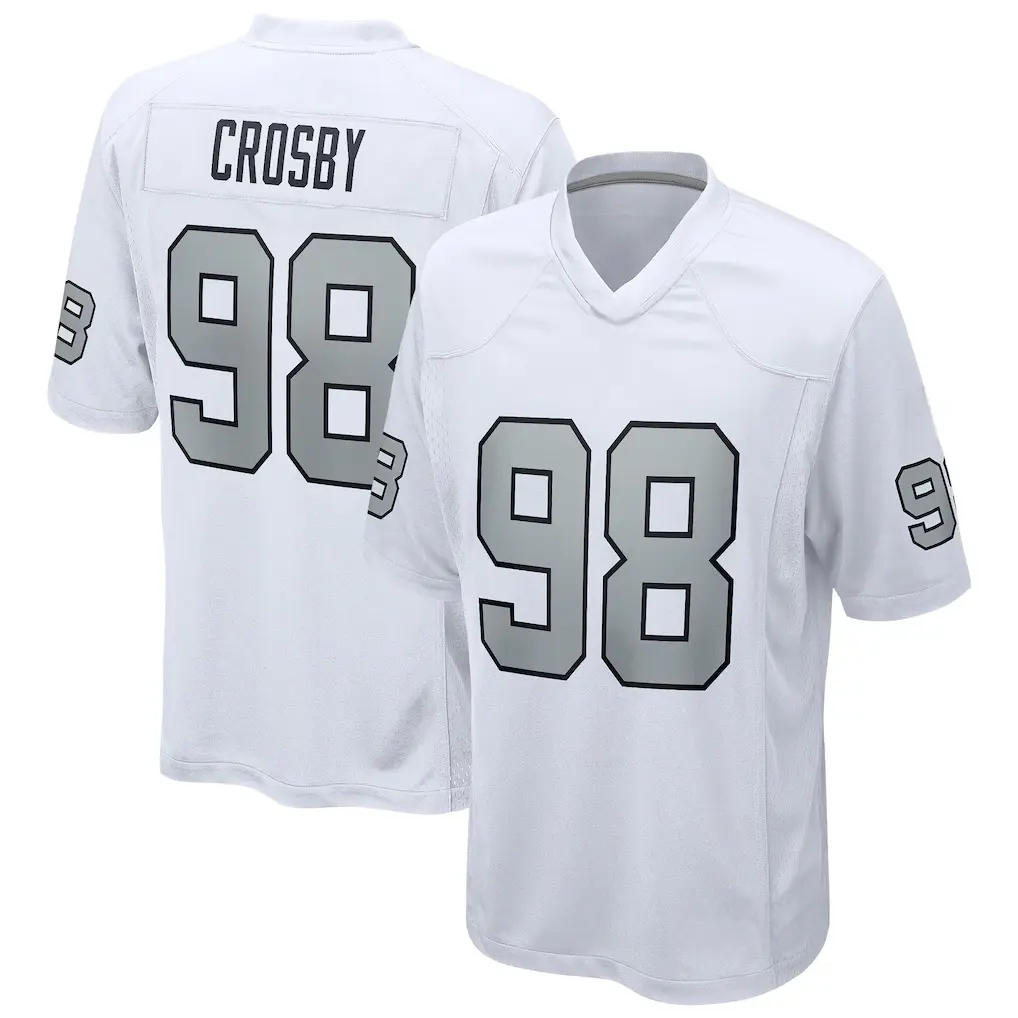 Full Print Crosby #98 Football Jersey, Las Vegas White Black American Football Jersey, V Neck Short Sleeve Athletic Shirt, Breathable Game Day Football Top, Football Season Fan Apparel, Player Name Number Jersey, Unisex Sportswear
