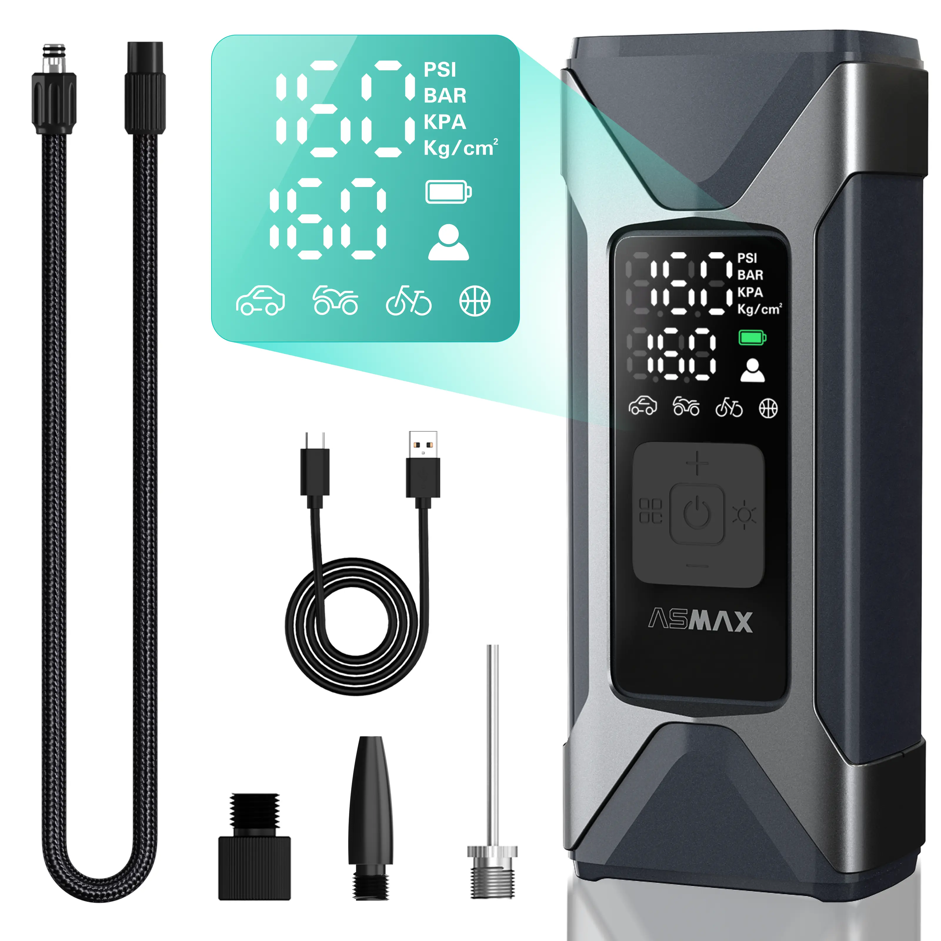 ASMAX T10 Portable Tire Inflator - 160PSI Air Compressor with 7500mAh Emergency Power Bank & LED Light for Cars, Bicycles