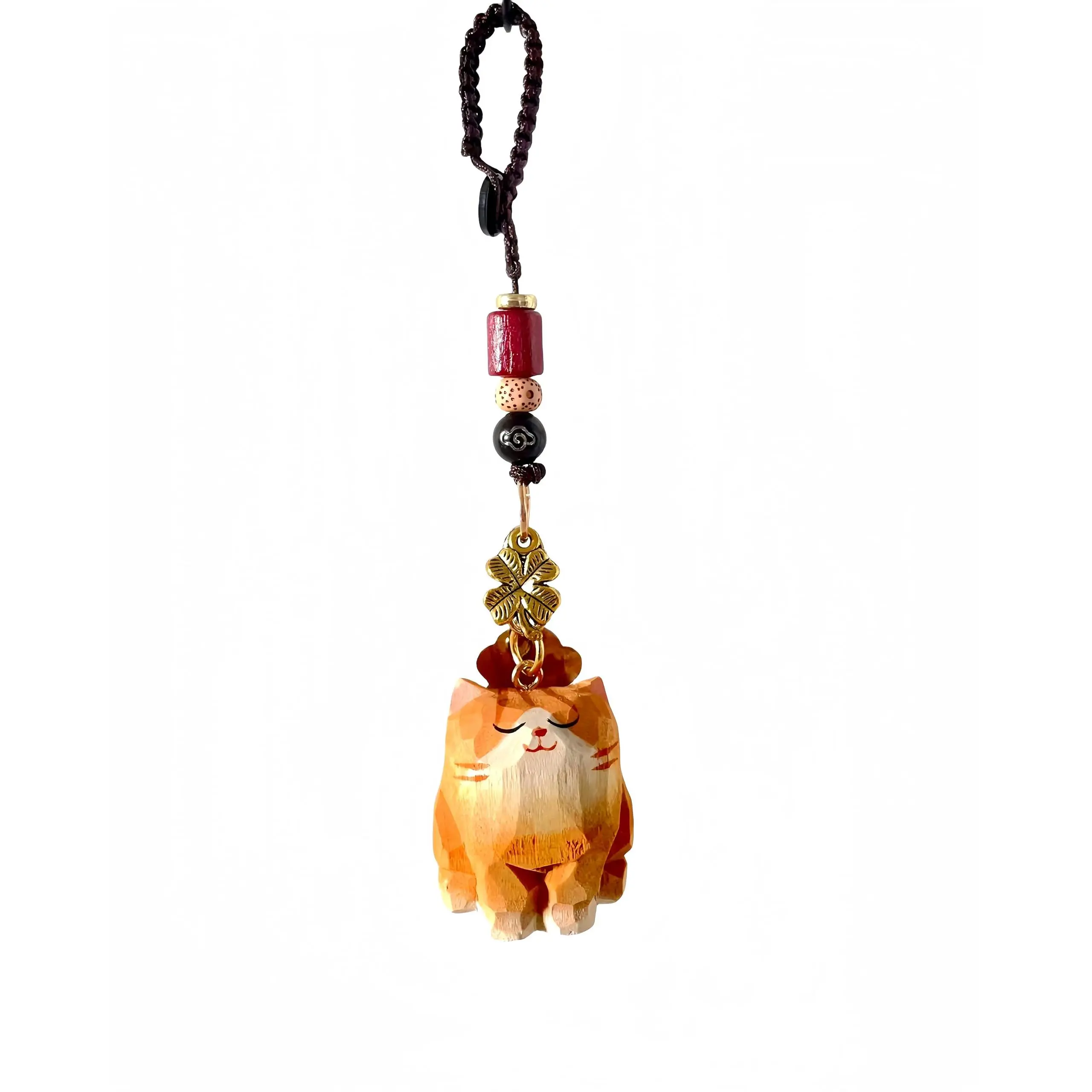 Wooden Capybara Black Cat Orange Lucky Keychain With Four-leaf Charms Key& Bag Ornament