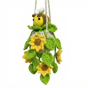 Handmade Crochet Sunflower Bee Car Mirror Hanging Accessory, Aesthetic Cottagecore Potted Plant Ornament, Ideal Gift for Women Teens Mother's Day Christmas Birthday