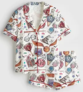 Women’s Halloween HP Wizard School Wizard Academy Magic School Short Sleeve Satin Pajama Set for Adult & Youth, Short Sleeve Luxury Sleepwear, HP Gifts, Gift for HP Lovers