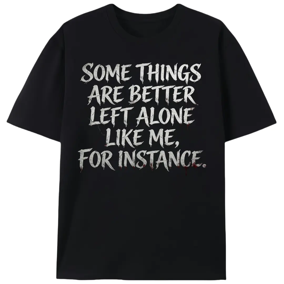 Men's Gothic Graphic T-shirt, 'Left Alone Like Me' Print Cotton Top with Short Sleeves, Casual Round Neck Tee with Slight Stretch, Tshirt, Shortsleeve, Menswear, Crew Neck, Gothic Look, Printed, Loose-Fitting, Minimalist, Baggy