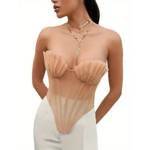 1pc Elegant Solid Color Polyester Tube Top - Strapless Backless Lace-Up Pleated Corsetry for Women, Mature Style Knit Fabric Summer Vest for Club Party