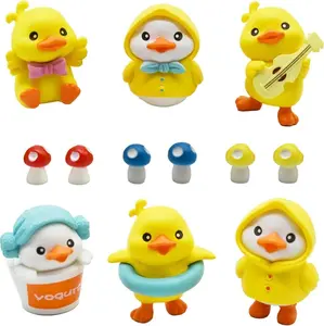 6Pcs Mini Yellow Duck Figurines with Raincoat Guitar Swim Ring 1inch Miniature Duck Mushrooms Cake Toppers Fairy Garden Set for DIY Moss Landscape Terrarium Crafts