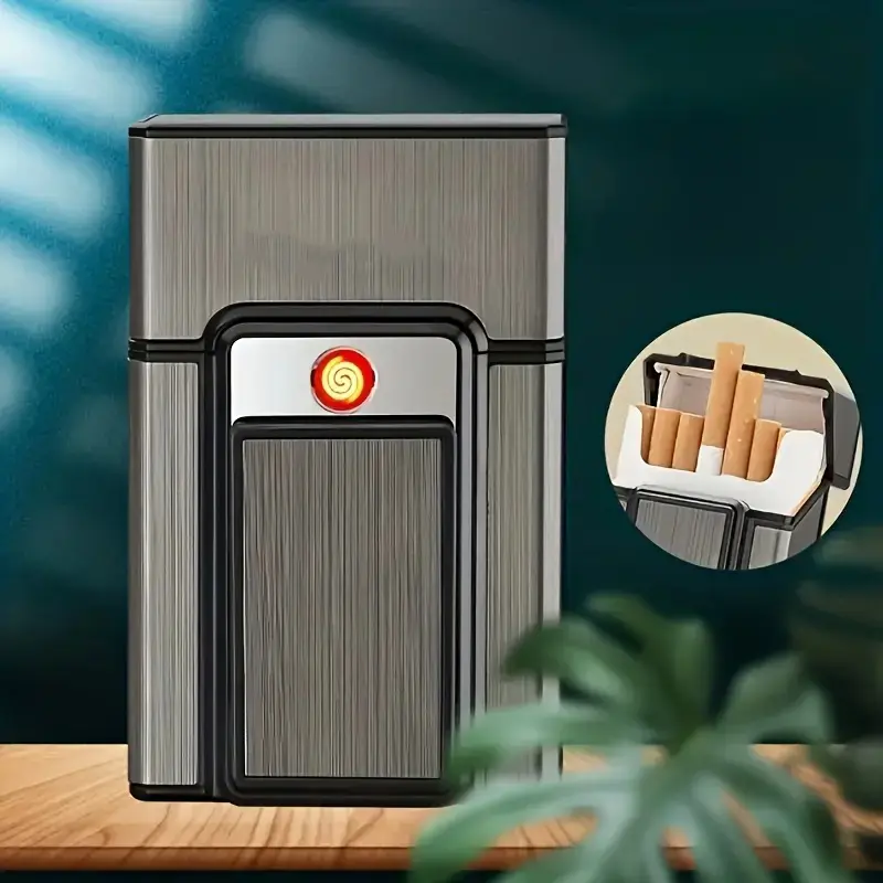 Aluminum alloy lighter built-in USB rechargeable electronic lighter standard ejection box holder flameless windproof lighter battery not included