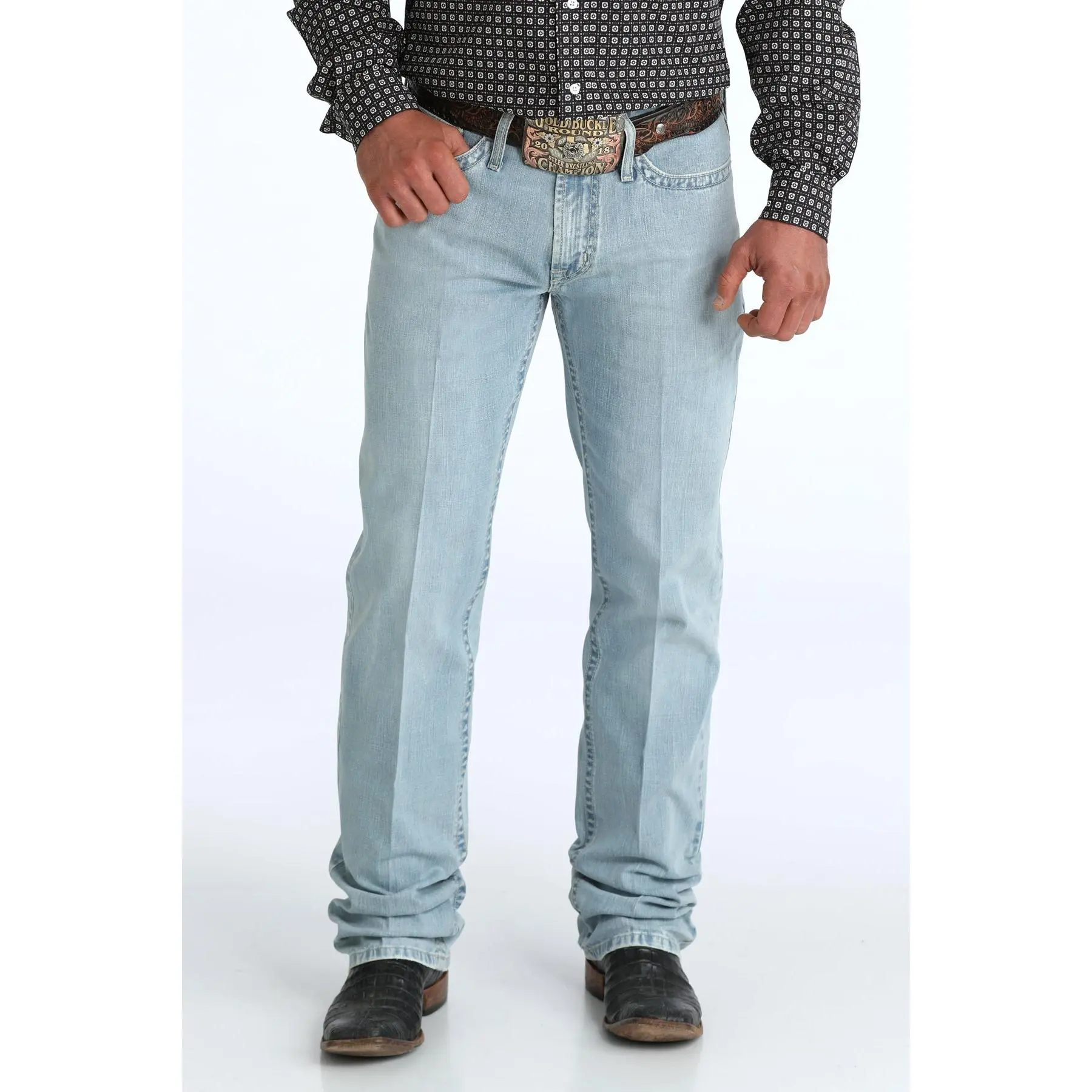 Men's White Label 064 Light Stonewash Jeans, Performance Stretch Cotton Denim with Elastane, Streetwear Fashion Menswear with an 18 1/4" Bottom Opening