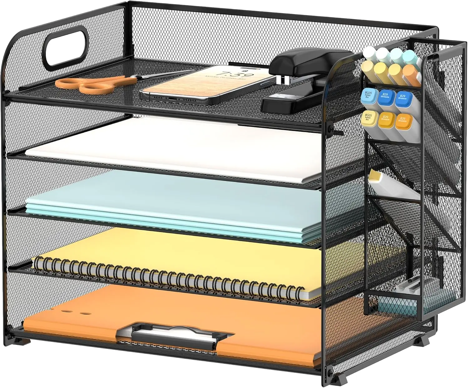 5 Tier Desk Organizer with Handle & Removable Pen Holders, Mesh Paper/File Organizer for Desk, Paper Letter Tray Organizer for Office Supplies (Black)