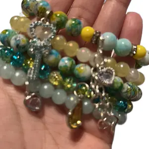 Teal Yellow 5Pc Beaded Charm Bracelet Set