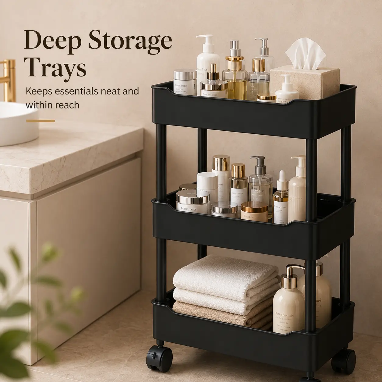 3-Tier Rolling Storage Cart with Smooth Lockable Wheels - Multi-Purpose Open Utility Organizer Trolley for Bathroom, Small Space Home Supplies, Black & White