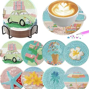 8 pieces/set of diamond painted coasters set with seaside patterns (with holder) - DIY diamond art craft kit for home decoration beginners, diamond craft supplies, artificial diamond art craft supplies gifts, Diamond Painting Coasters