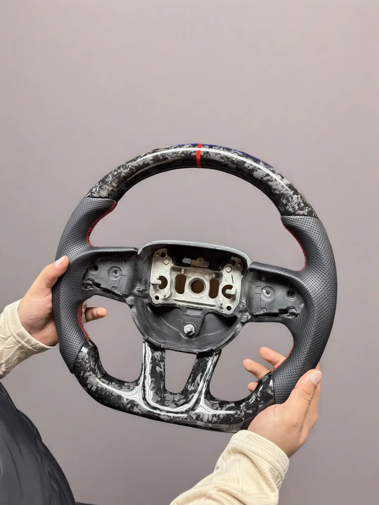 Forged Carbon Fiber Steering Wheel with Red Stitching & Stripe for Dodge Charger Challenger Durango 2015+ Jeep Trackhawk Chrysler 300 Custom Performance Upgrade