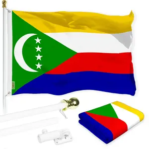 G128 Combo Pack: 6 Ft Tangle Free Aluminum Spinning Flagpole (White) & Comoros Comorian Flag 3x5 Ft, LiteWeave Pro Series Printed 150D Polyester | Pole with Flag Included