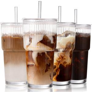 DWTS DANWEITESI 20oz Vertical Stripes Glass Coffee Cups with Lid & Straw Set of 4 Premium Thickened Glass for Iced Coffees Cocktails Juices Family Use & Parties Leak Proof Tumblers Drinking Glassware Beverage