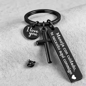 Stainless Steel "Maneja Con Cuidado Te Necesito Aquí Conmigo" Keychain - Cross Charm, "I Love You" Charm, Spanish Drive Safe Keyring, Romantic Religious Gift for Couples, Adjustable Heart Rate Bracelet Set, Rotating Retractable Reading Badge Holder