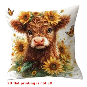 Cute Cow Pillow Cover, Iron Bucket Design, Sunflower & Daisy Elements, Vintage Style, Suitable for Living Room Bedroom Home Decor