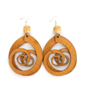 Wooden Teardrop Earrings with Nested Circles and Beaded Top for Women's Fashion Accessories