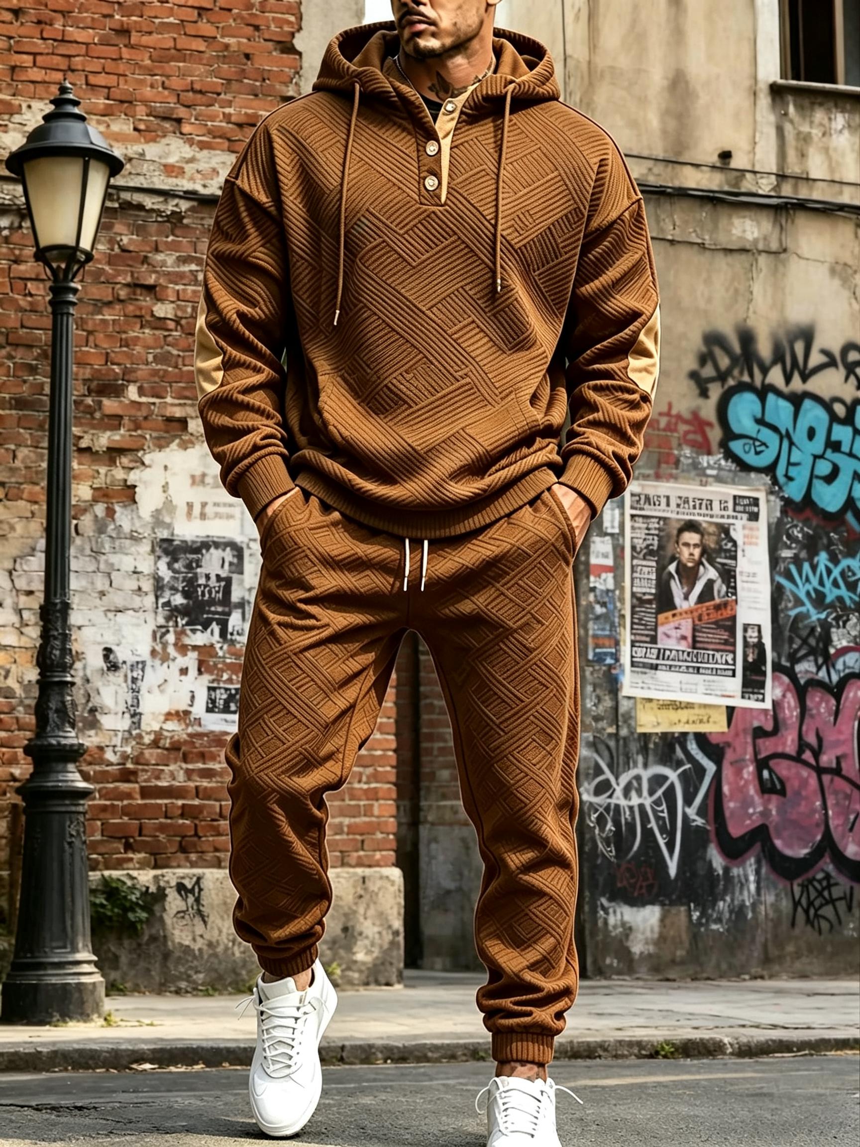Men's 2-Piece Autumn Hooded Sportswear Set - Geometric-Patterned Hoodie, Drawstring Joggers, Casual Street-Style Menswear Outfit