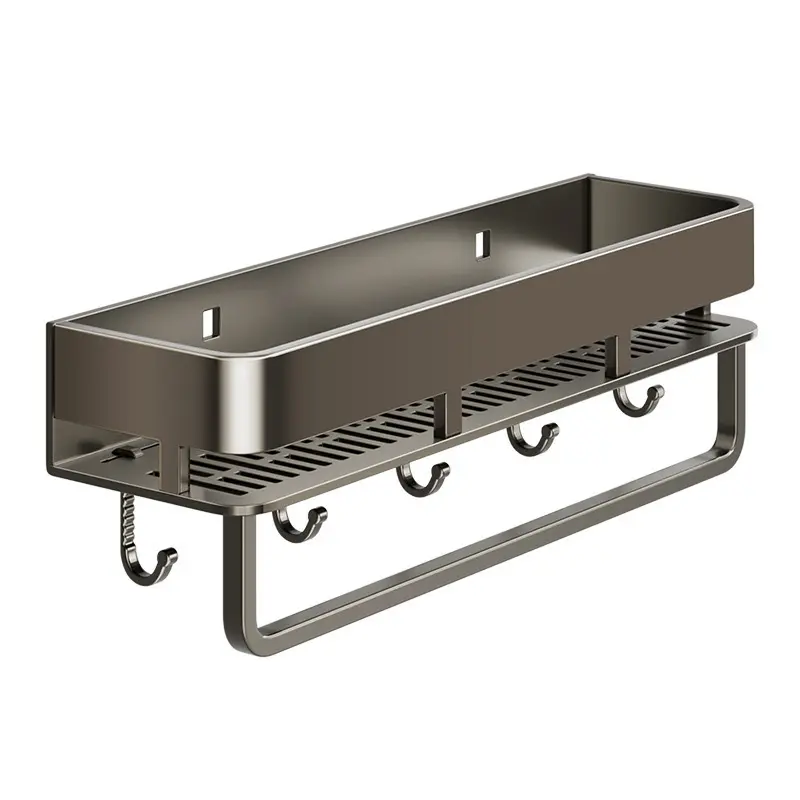 No-Drill Wall-Mounted Aluminum Storage Rack, 60cm (23.6in) Kitchen Spice Shelf with Hooks, Strong Load-Bearing Detachable Organizer, Space-Saving Home Storage Solution