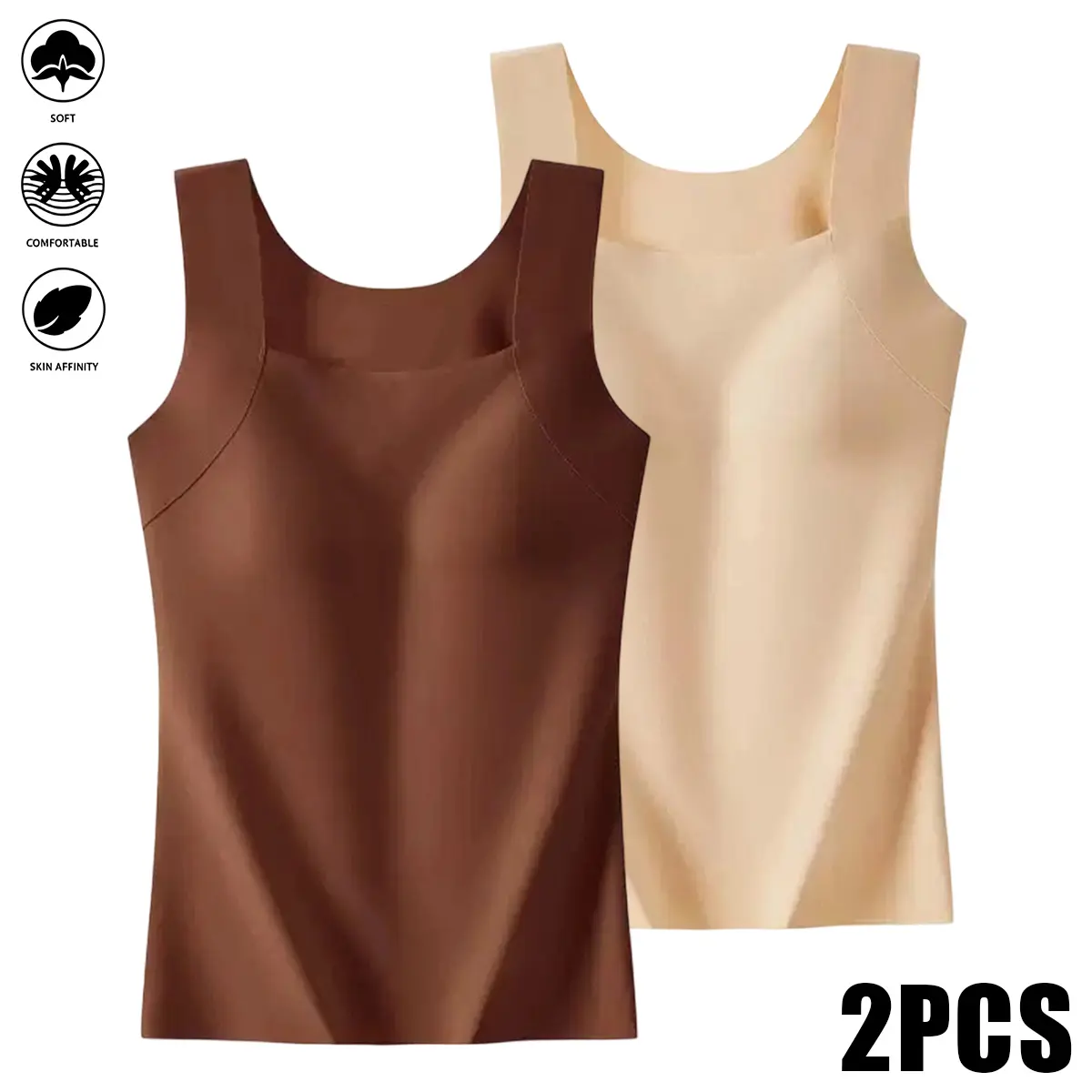 Women’s seamless tank top with built-in bra pads (2-pack) - spring/summer slim fit with lift, skin-friendly base layer, sleeveless with wide straps, smooth fabric that washes well, suitable for all seasons, a versatile everyday inner layer for spring/summ