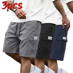 Men’s shorts 3-piece set (earth yellow/black/gray/blue) — slanted pockets — versatile casual wear — suitable for everyday use — multi-pocket design — ideal for summer outings, travel, and vacations