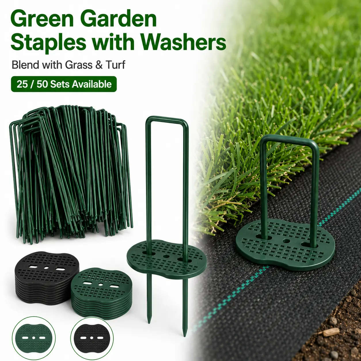 PINKART Green Garden Staples with Washers, 6 Inch U-Shaped Landscape Stakes, Green Garden Stakes for Turf, Weed Barrier, Landscape Fabric, Irrigation Hose and Lawn Edging