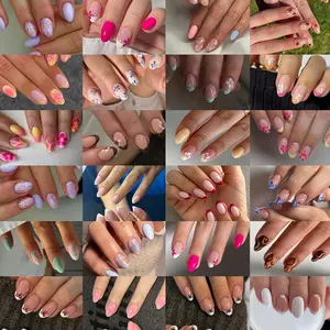 576 Piece Acrylic Press-On Nails Set, Short Oval French Flower Design, Multi-Color Glitter Gold Beads, Easy Wear Nail Art for Women Girls, Nail Kit Set