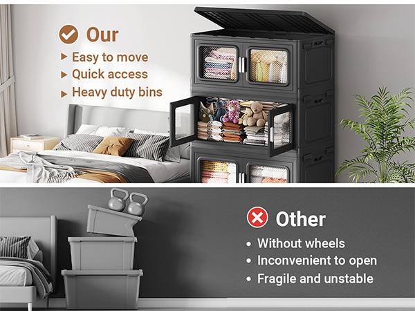 BROVIEW 50Qt-1200Qt Extra Large Storage Bins with Lid, Plastic Stackable Storage Bins with Wheels, Collapsible Closet Organizer and Storage Drawers,Multi-pack 1/3/4/5pack