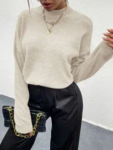 Women's Pure Color Skin-Friendly High-Quality Round Neck Long Sleeve Knit Pullover Sweater, Spring & Fall Casual Wear, Versatile Daily Commute