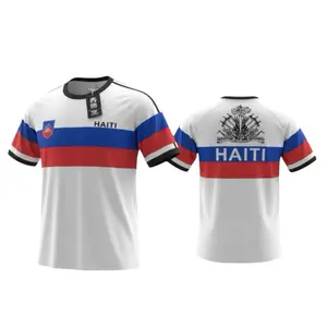 Haitian Haiti Blue and Red flag stripes coat of Arms on back soccer football fans jersey
