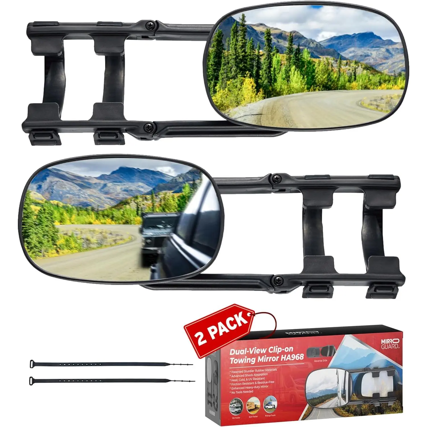 Extended Towing Mirrors, Universal Clip-On Side Mirror Extensions for Pickups, RVs, and Trailers, Tow Mirrors with Extenders (Model HA968)