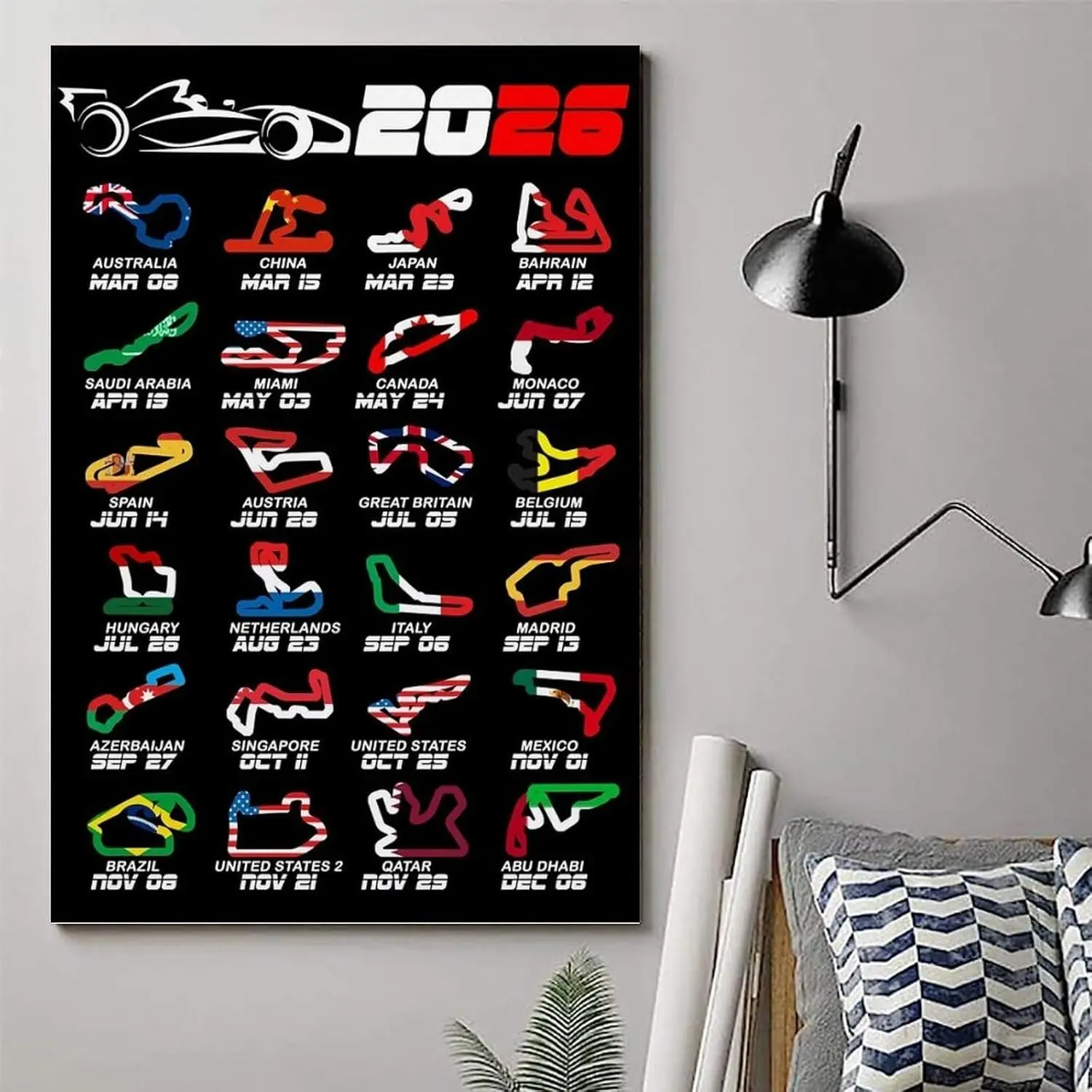Gifts and Temptations 2026 F1 Formula Racing Event Calendar Poster Track Layouts with National Flags, Wall Art Print, Decorative Wall Art, Unframed Wall Art, Canvas Prints