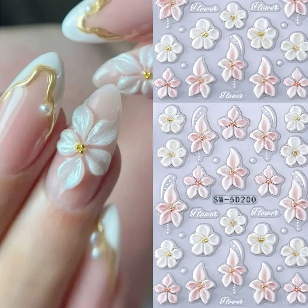 1 piece of 5D embossed flower nail art sticker, white and pink hibiscus flower pattern, self-adhesive nail art decal, suitable for spring and summer manicure, Nail Art Decoration