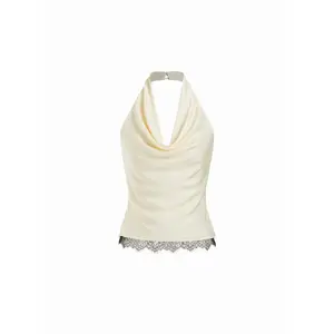 Cider Satin Halter Neck Lace Trim Ruched Top