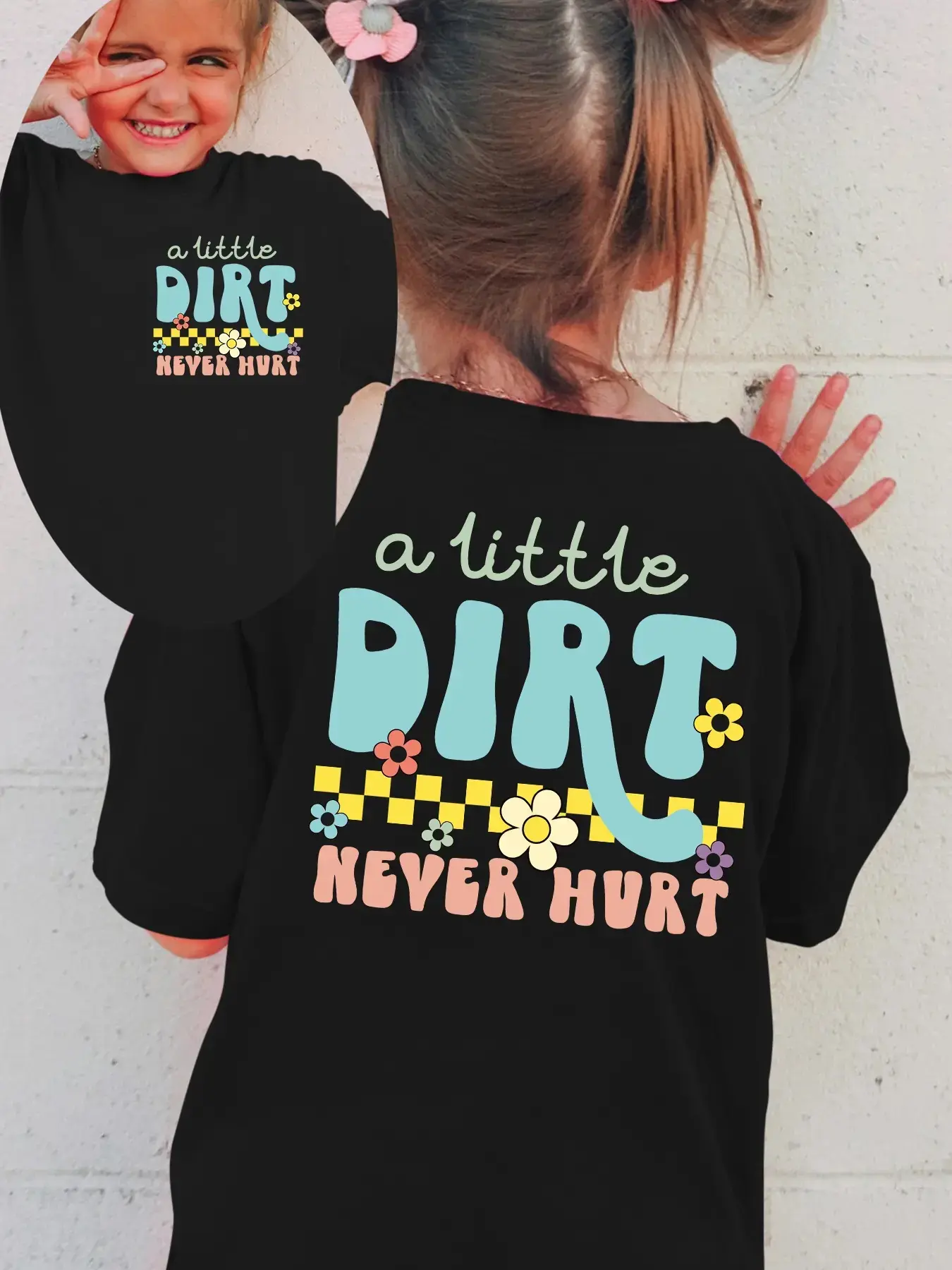 Toddler Girls' Cotton Short-Sleeve Graphic T-Shirt - Kids Clothing Girls, Child-Size Cute Graphic T-Shirts, "A Little Dirt Never Hurt" Print, Retro Groovy Flower Checkered Design, Outdoor Adventure Top, Child-Size Girls' T-Shirts