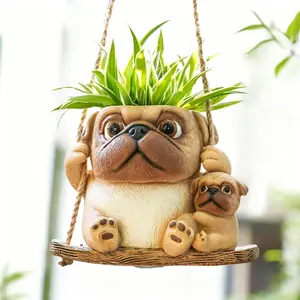 Cute Resin Pug Mother and Puppy Flower Pot - Cartoon Shaped Succulent Planter, Desktop Home Decor Ornament