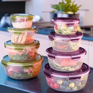 4-Piece Kitchen Food Storage Containers Set, Stackable Lunch Container, Round Modern Design, Sealed Freshness, Portable, Suitable for Fridge & Microwave