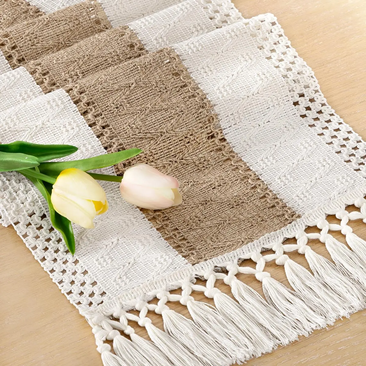 Farmhouse Macrame Table Runner with Tassels, Boho Hollow Woven Table Runner, Rustic Burlap Lace Table Runner for Dining Table, Wedding, Kitchen, Coffee Table Decor