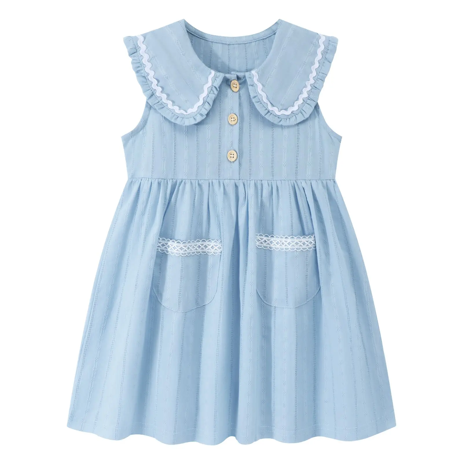 HILEELANG Girls Cotton Dress Sleeveless Peter Pan Collar with Pockets | Soft Cotton, Functional Buttons, Front Pockets, Peter Pan Collar, Ric Rac Trim for Toddler & Little Girls