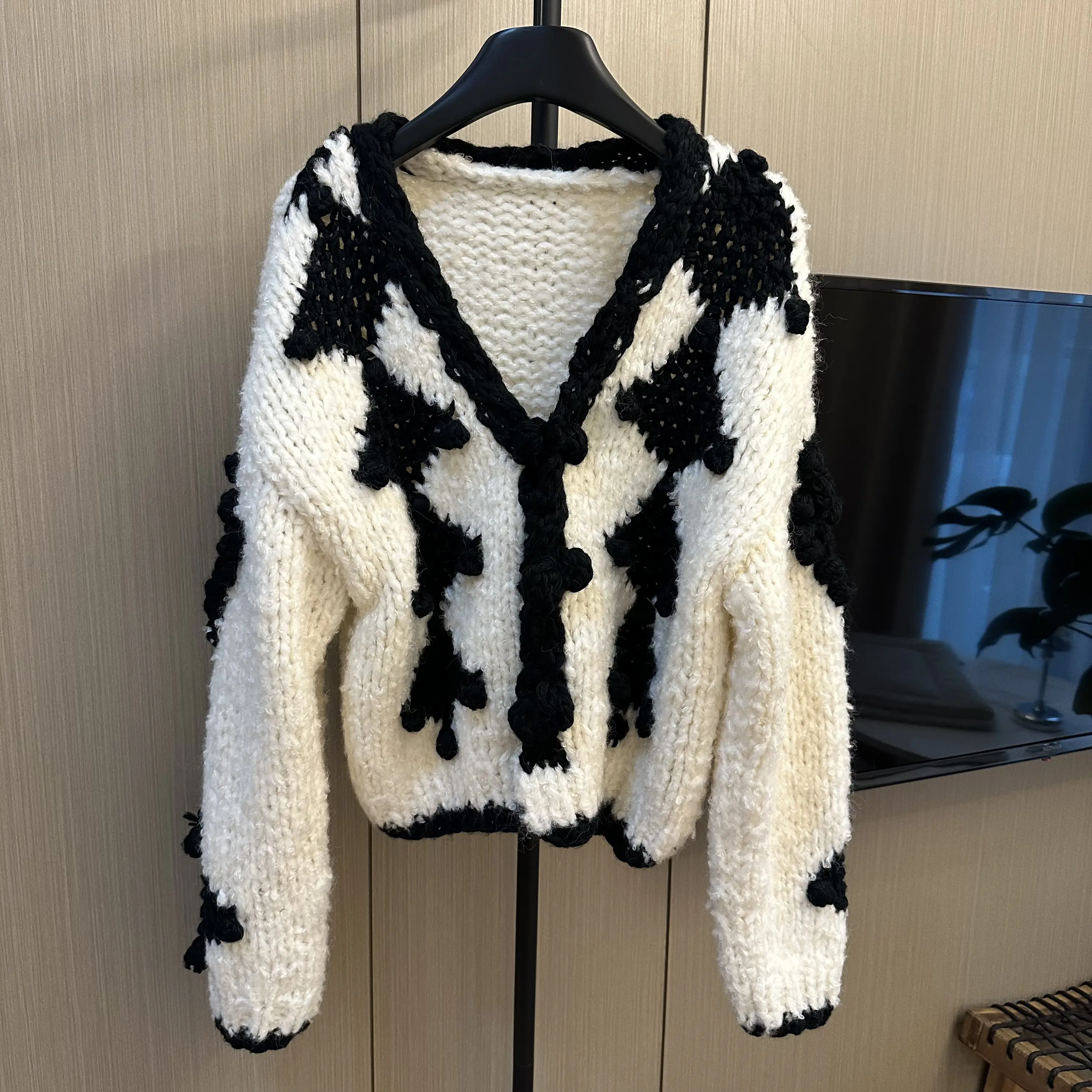 Women's Handmade Crochet Cardigan Sweater - Black&White Heavyweight Wool Knitwear, Casual Long Sleeve Open Front Medium Length Elegant Top with Floral Crochet Work, Shoulder-Waist Flattering Free Size Chic Handcrafted Piece, Knitted