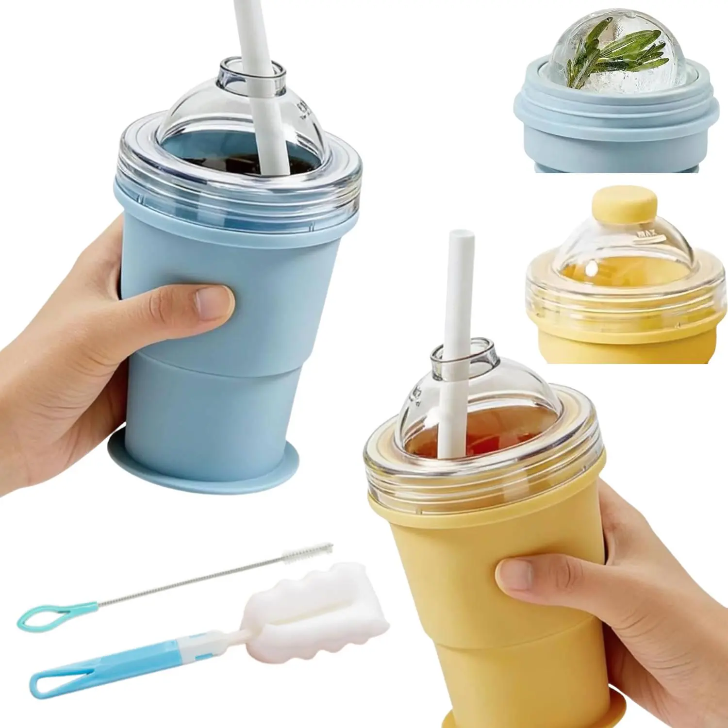 2Pcs 2-in-1 Collapsible Ice Ball Cups, 325ml Portable Silicone Tumbler with 6cm Large Ice Ball Maker, Leak-Proof Foldable Travel Cup, Comes with Straw Brush & Cup Brush, Easy Demold Ice Mold for Whiskey, Coffee, Cocktails & Daily Drinks
