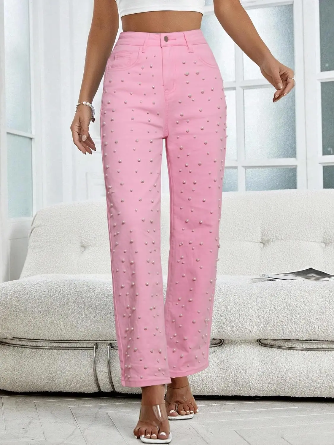 Women's High-Waisted Boyfriend Jeans with Sparkly Pearl & Rhinestone Beads, Loose Fit Wide Leg, Casual Streetwear Style, Pearls