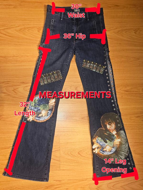 Upcycled Alice Cooper Safety Pin Jeans - Womenswear Extra Wide Leg Denim - Sustainable Music Fashion with Iconic Graphic Design All Seasons