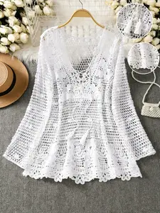 Boho Style Women's Hollow Out Swimsuit Cover-Up, Knitted Lace Embroidery, Long Sleeve Bow Design, Perfect for Beach Vacation, Swimsuit Cover Ups, Swimwear Cover Up