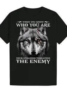 Men's Wolf Head T-Shirt with Red Blood Splatter and White Wolf Graphic - Black Casual Short Sleeve Shirt for Gym, Outdoor, Summer Wear - Wolf Pc Symbol and "Know Your Enemy" Slogan - Machine Washable Round Neck Tee