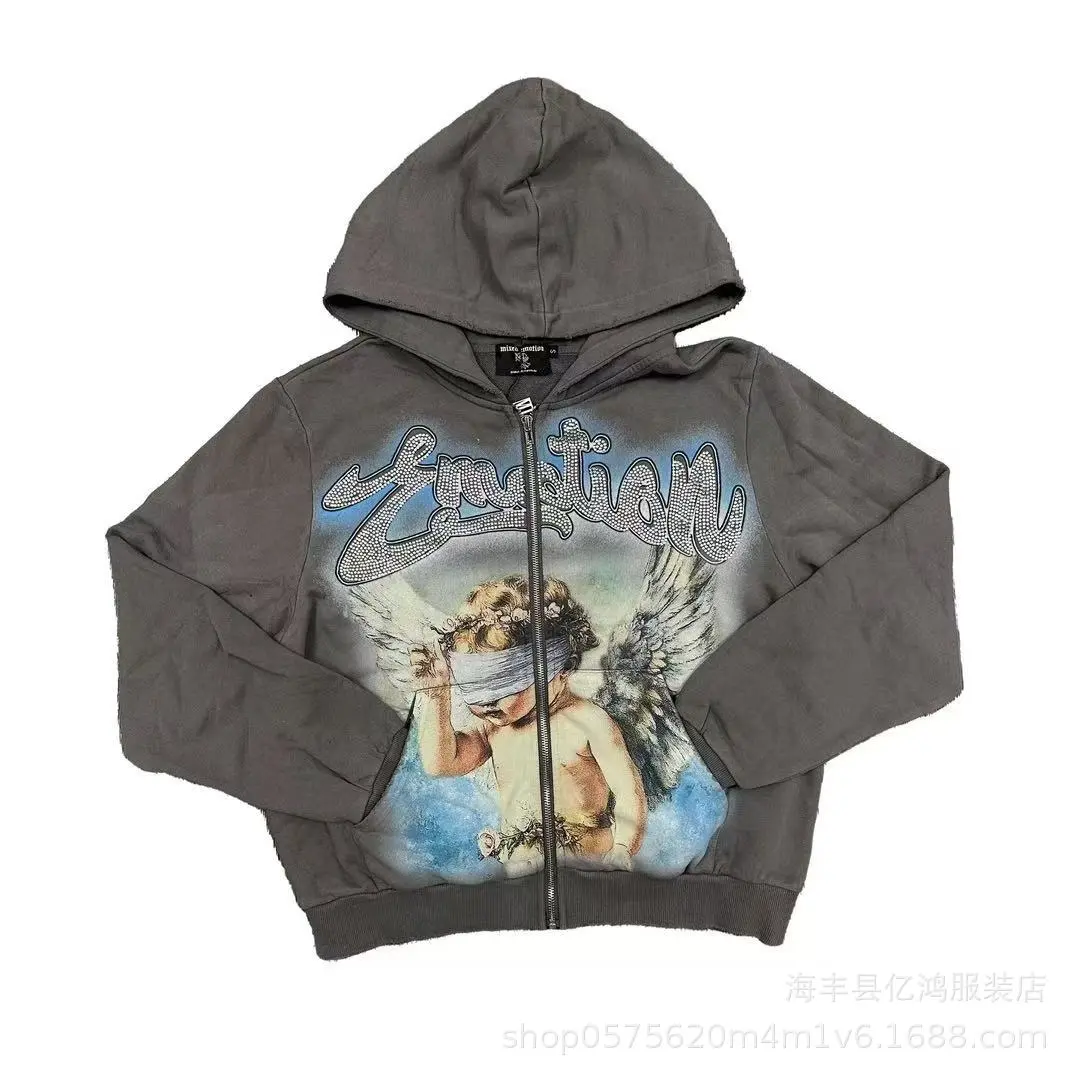Mixed Emotion Angel Rhinestone Zip Up Hoodie - TikTok Shop