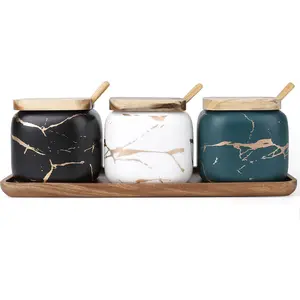 Ceramic Salt and Sugar Container, Condiment Jars with Lids and Spoons, Marble Seasoning  Pots Bowl, Pepper Sellar with Wooden Tray for Serving, Counter, Home, Kitchen