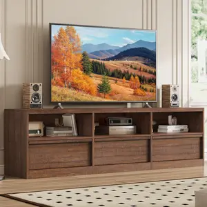 70" TV Stand for TVs up to 85" - Mid Century Modern Entertainment Center with Storage Drawer & Open Shelves, for Living Room & Bedroom, Brown